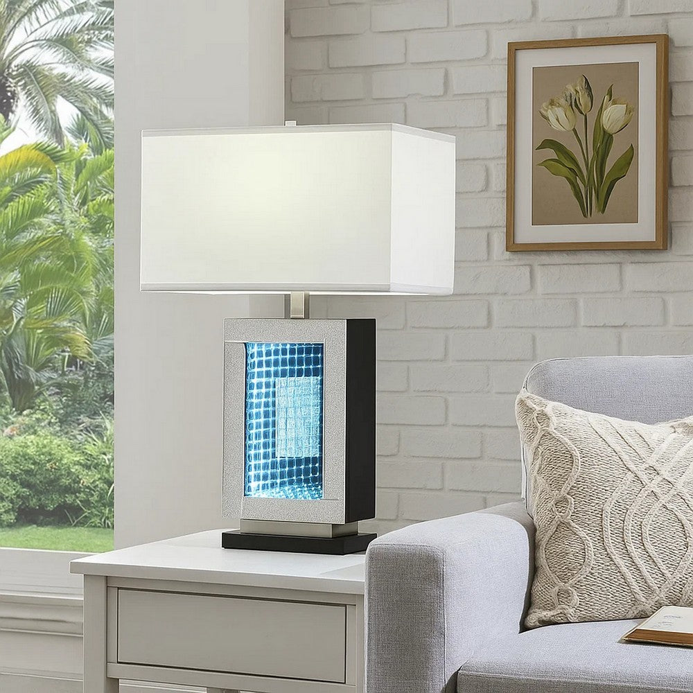 Ziva 27 Inch Table Lamp, LED Night Light, Rectangular Shade, Shiny Silver By Casagear Home