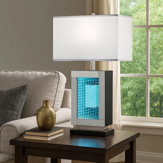 Ziva 27 Inch Table Lamp, LED Night Light, Rectangular Shade, Shiny Silver By Casagear Home