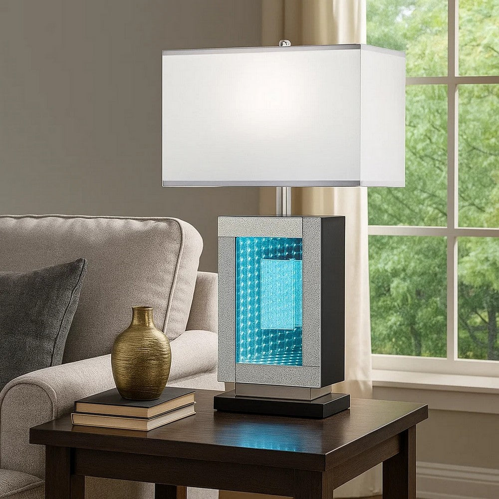 Ziva 27 Inch Table Lamp, LED Night Light, Rectangular Shade, Shiny Silver By Casagear Home