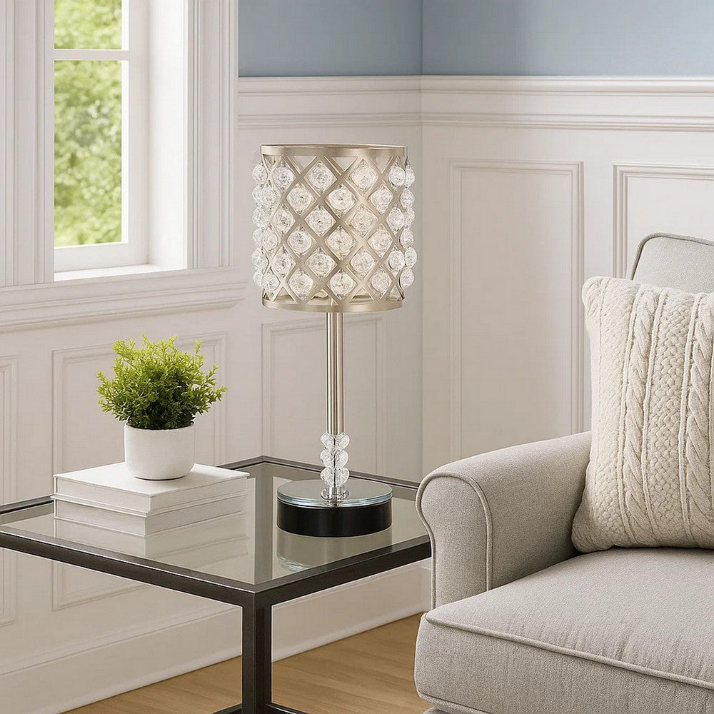 Dany 24 Inch Table Lamp with Crystal Drum Shade, Metal, Brushed Nickel By Casagear Home