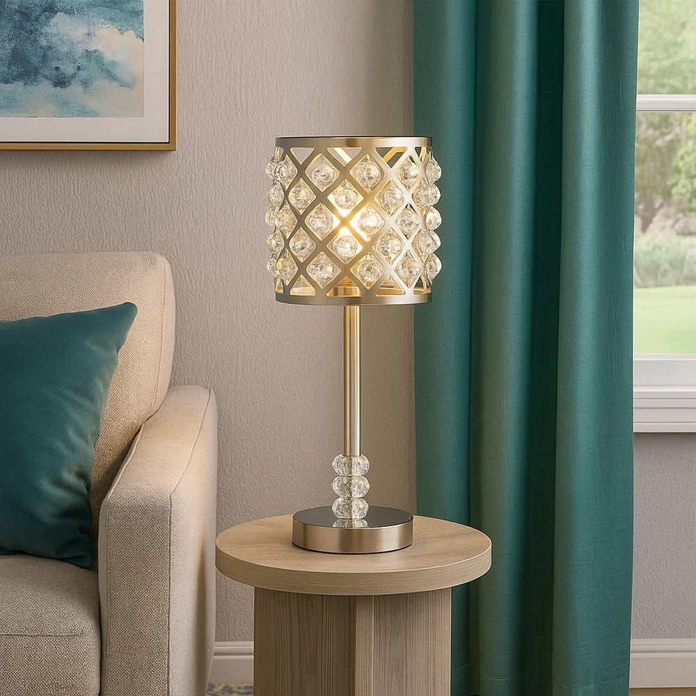 Dany 24 Inch Table Lamp with Crystal Drum Shade, Metal, Brushed Nickel By Casagear Home