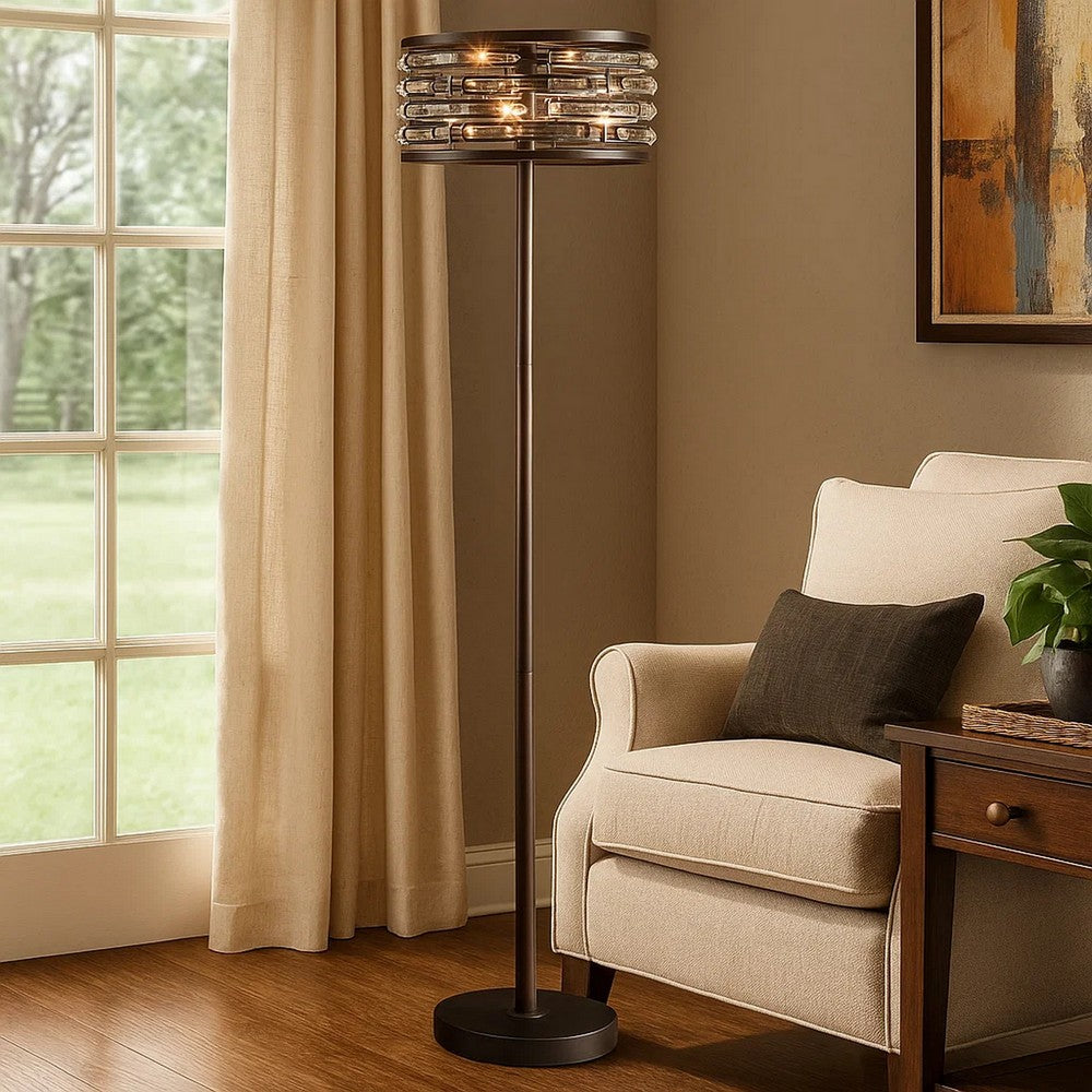 60 Inch Floor Lamp with Crystal Drum Shade, Metal Base, Antique Bronze By Casagear Home