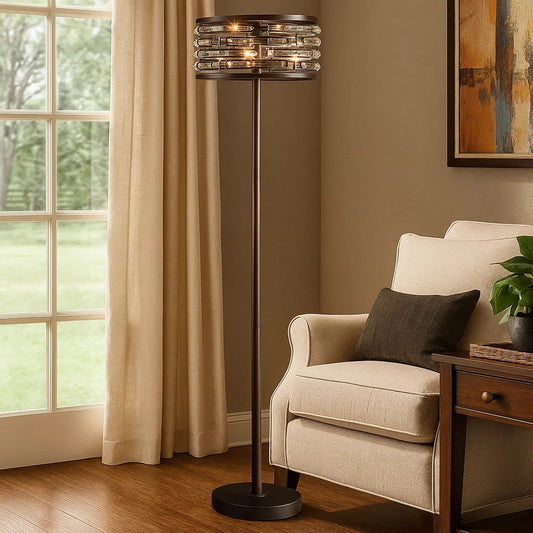 60 Inch Floor Lamp with Crystal Drum Shade, Metal Base, Antique Bronze By Casagear Home