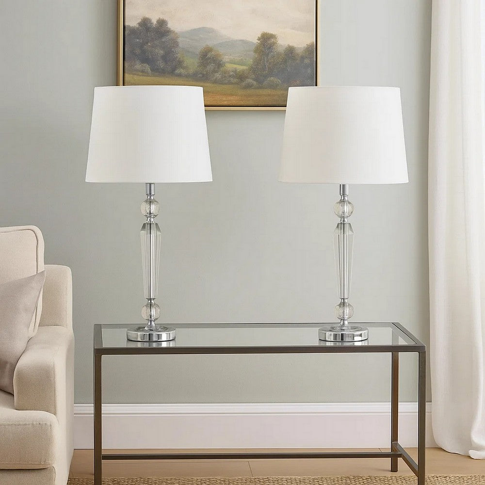 24 Inch Table Lamp Set of 2 with Glass Stands, Metal Base, Clear Finish By Casagear Home