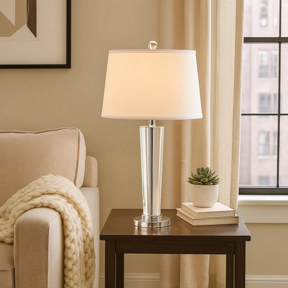 27 Inch Table Lamp with Glass Stand, Empire Shade, Metal, Clear Finish By Casagear Home
