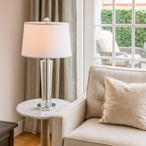 27 Inch Table Lamp with Glass Stand, Empire Shade, Metal, Clear Finish By Casagear Home