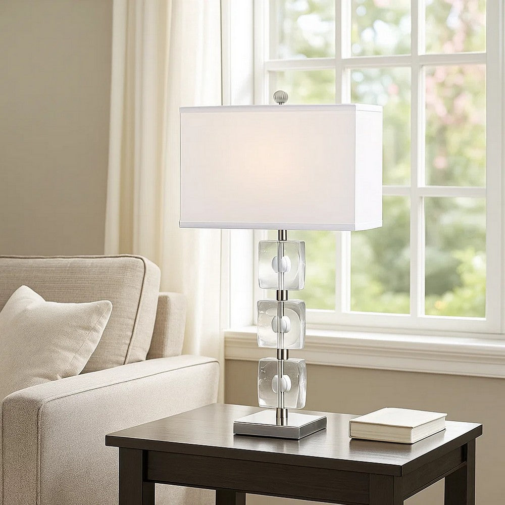 28 Inch Table Lamp, Crystal Stand, White Rectangular Shade, Metal, Clear  By Casagear Home