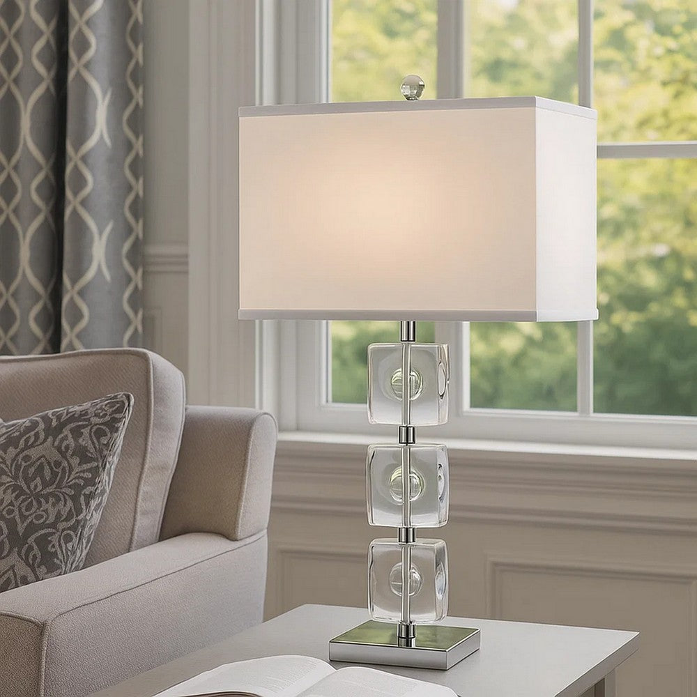 28 Inch Table Lamp, Crystal Stand, White Rectangular Shade, Metal, Clear  By Casagear Home