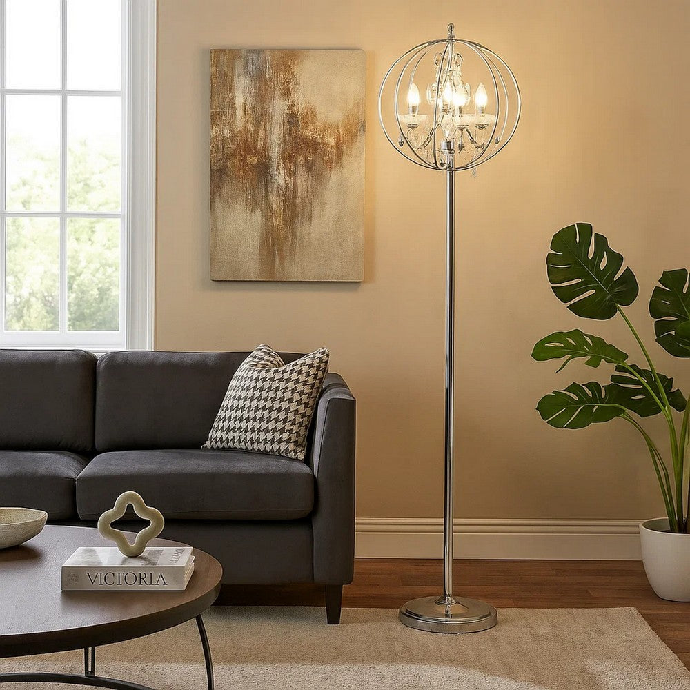 Shine 61 Inch Floor Lamp, Chandelier Style, Crystal and Metal, Chrome By Casagear Home