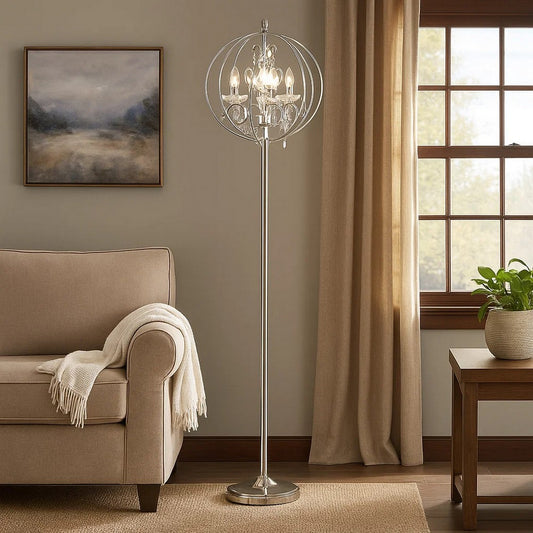 Shine 61 Inch Floor Lamp, Chandelier Style, Crystal and Metal, Chrome By Casagear Home