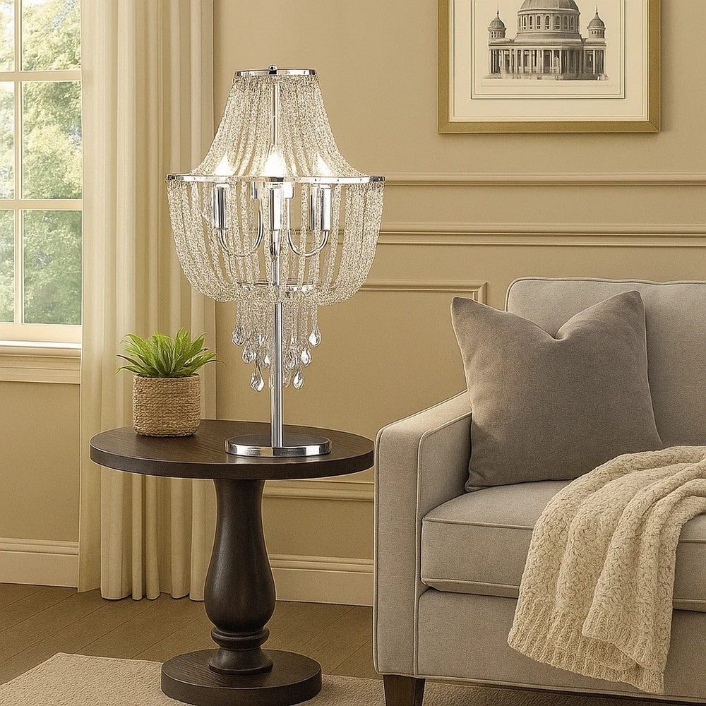 Cara 27 Inch Table Lamp, Hanging Drop Design, Crystal and Metal, Chrome By Casagear Home