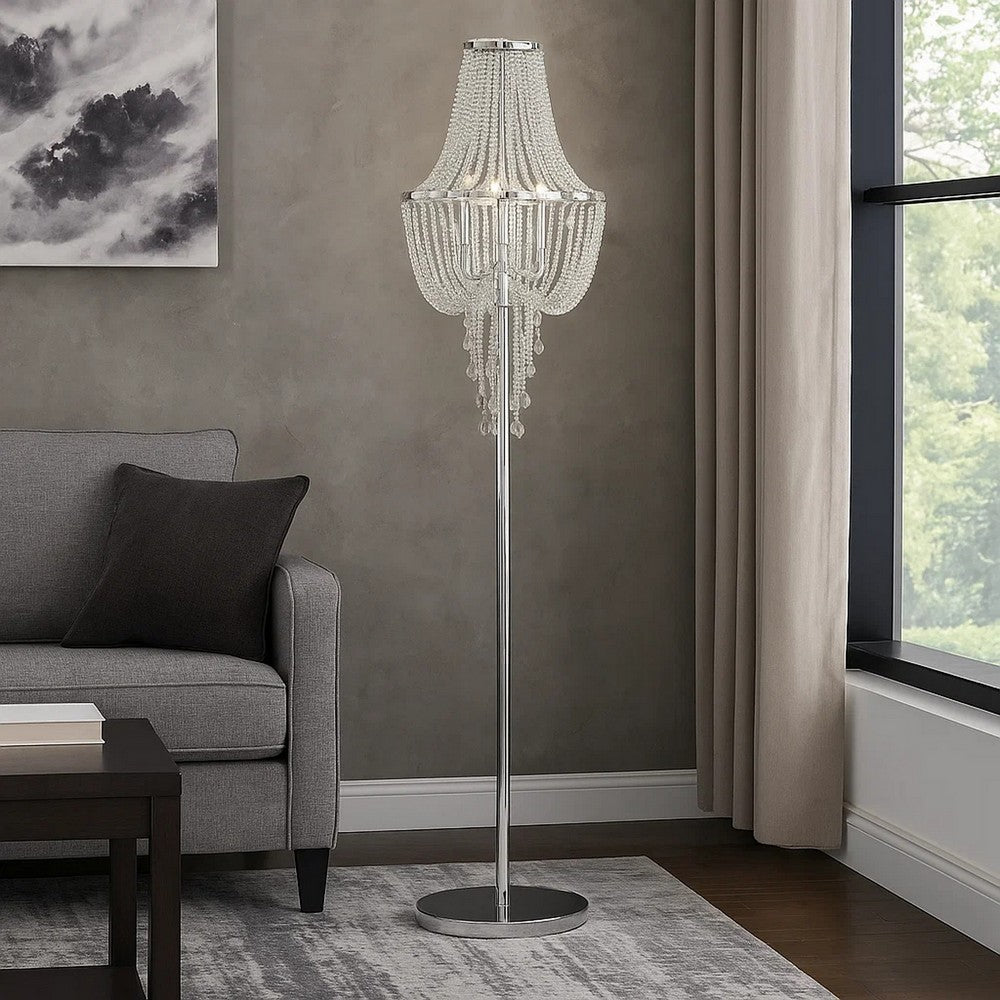 Cara 62 Inch Floor Lamp, Hanging Drop Design, Crystal and Metal, Chrome By Casagear Home