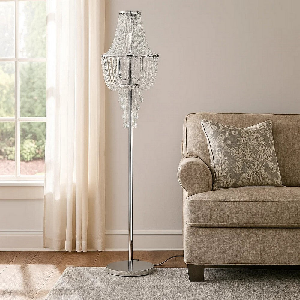 Cara 62 Inch Floor Lamp, Hanging Drop Design, Crystal and Metal, Chrome By Casagear Home