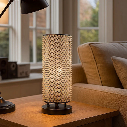 16 Inch Table Lamp, Crystal Cylinder Shade, Metal Mesh, Antique Bronze By Casagear Home