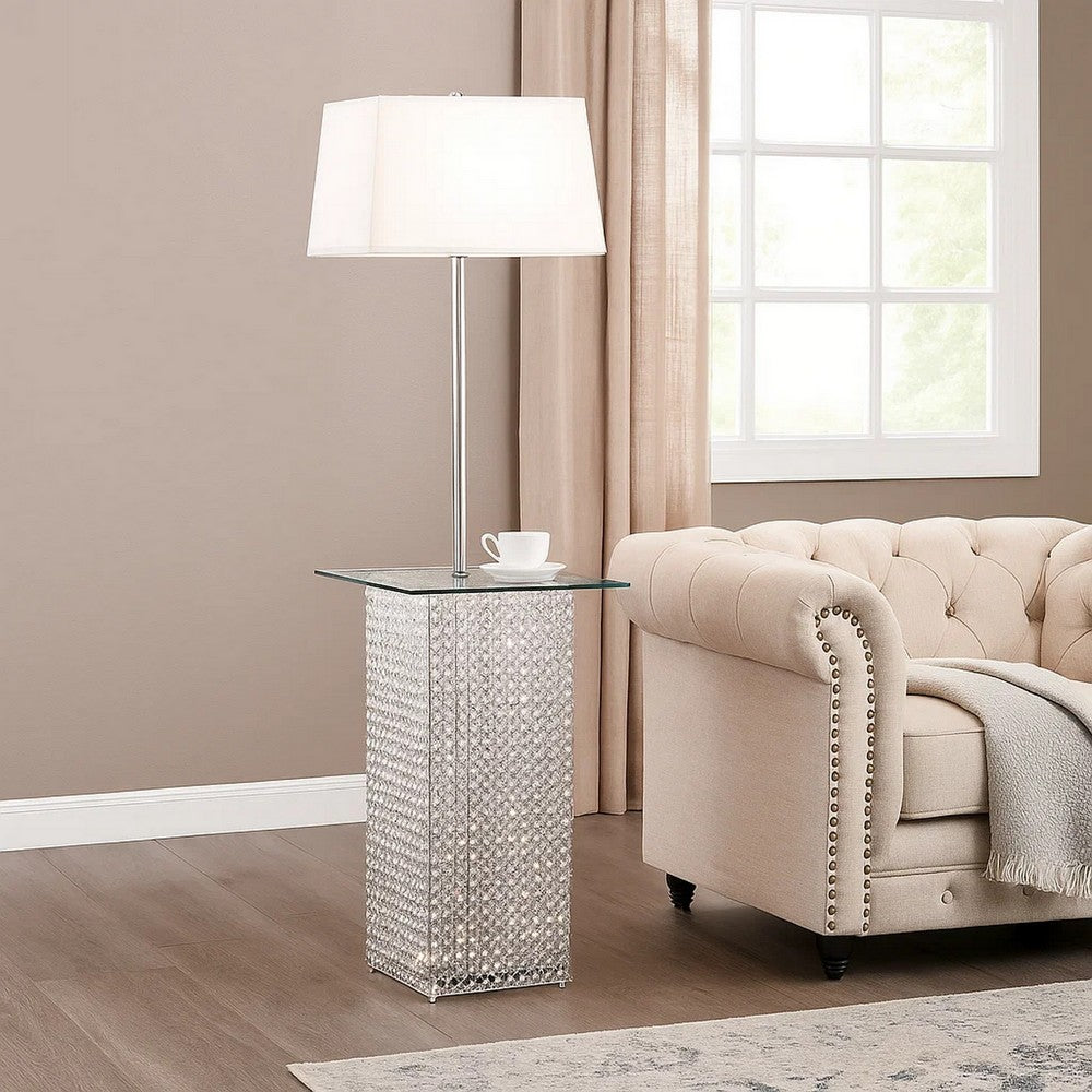 59 Inch Floor Lamp with Glass Tabletop, Crystal Stand, Metal, Clear By Casagear Home