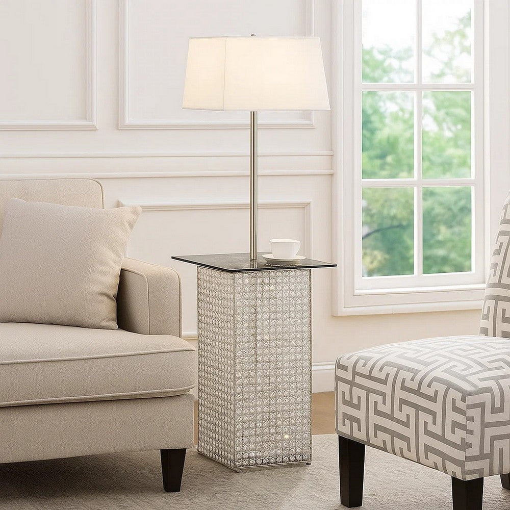 59 Inch Floor Lamp with Glass Tabletop, Crystal Stand, Metal, Clear By Casagear Home