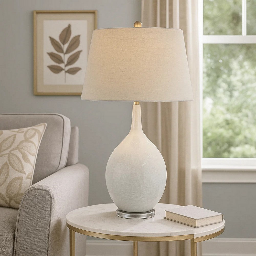 32 Inch Table Lamp, Empire Shade, Ceramic Stand, Crackle White Finish By Casagear Home