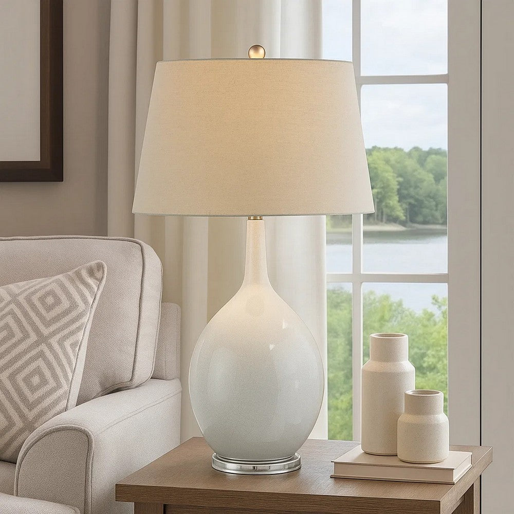 32 Inch Table Lamp, Empire Shade, Ceramic Stand, Crackle White Finish By Casagear Home