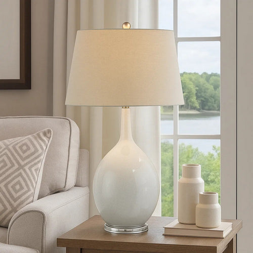 32 Inch Table Lamp, Empire Shade, Ceramic Stand, Crackle White Finish By Casagear Home