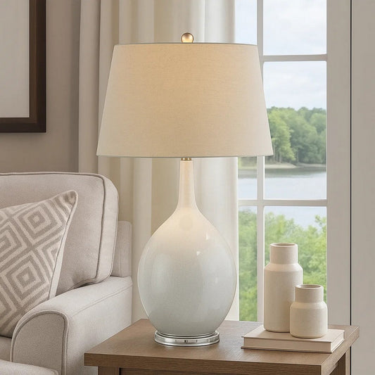 32 Inch Table Lamp, Empire Shade, Ceramic Stand, Crackle White Finish By Casagear Home