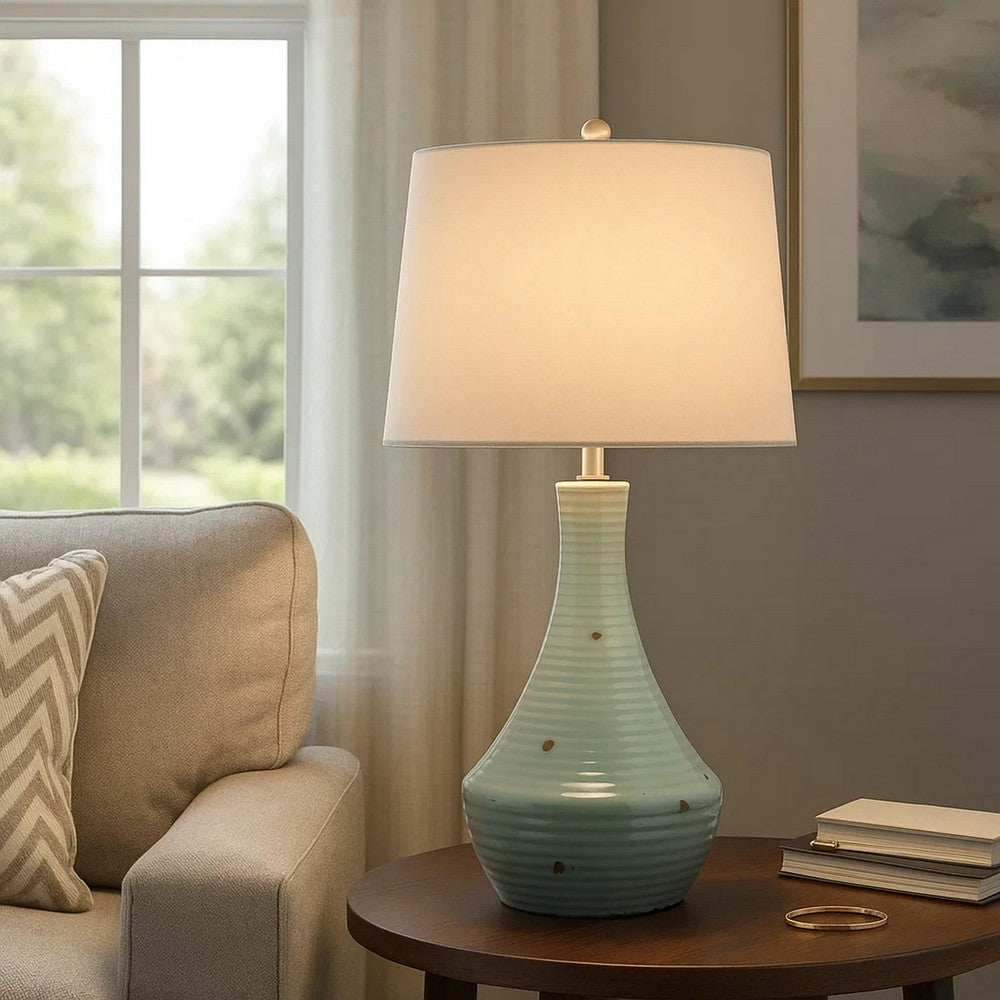 28 Inch Table Lamp with Clean Lines, Empire Shade, Ceramic, Teal Blue By Casagear Home