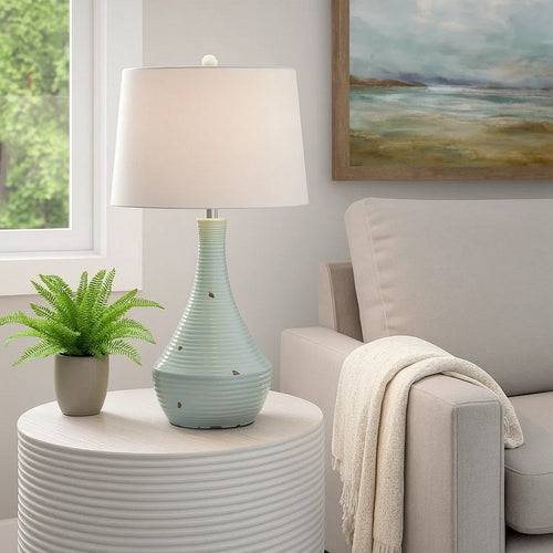 28 Inch Table Lamp with Clean Lines, Empire Shade, Ceramic, Teal Blue By Casagear Home