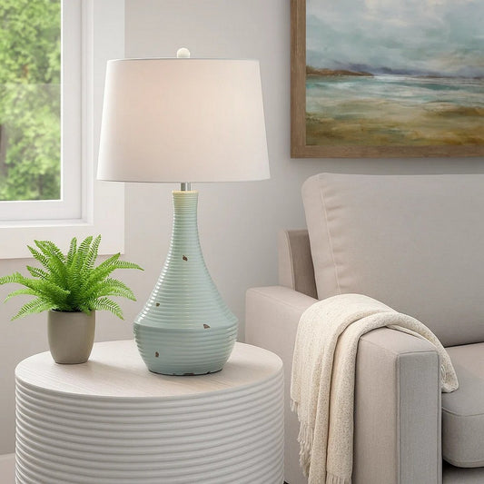 28 Inch Table Lamp with Clean Lines, Empire Shade, Ceramic, Teal Blue By Casagear Home