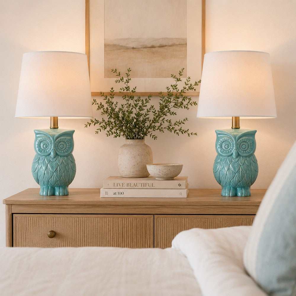 18 Inch Table Lamp with Owl Stand, Set of 2, Ceramic, Aqua Haze Finish By Casagear Home