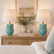 18 Inch Table Lamp with Owl Stand, Set of 2, Ceramic, Aqua Haze Finish By Casagear Home