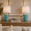 18 Inch Table Lamp with Owl Stand, Set of 2, Ceramic, Aqua Haze Finish By Casagear Home
