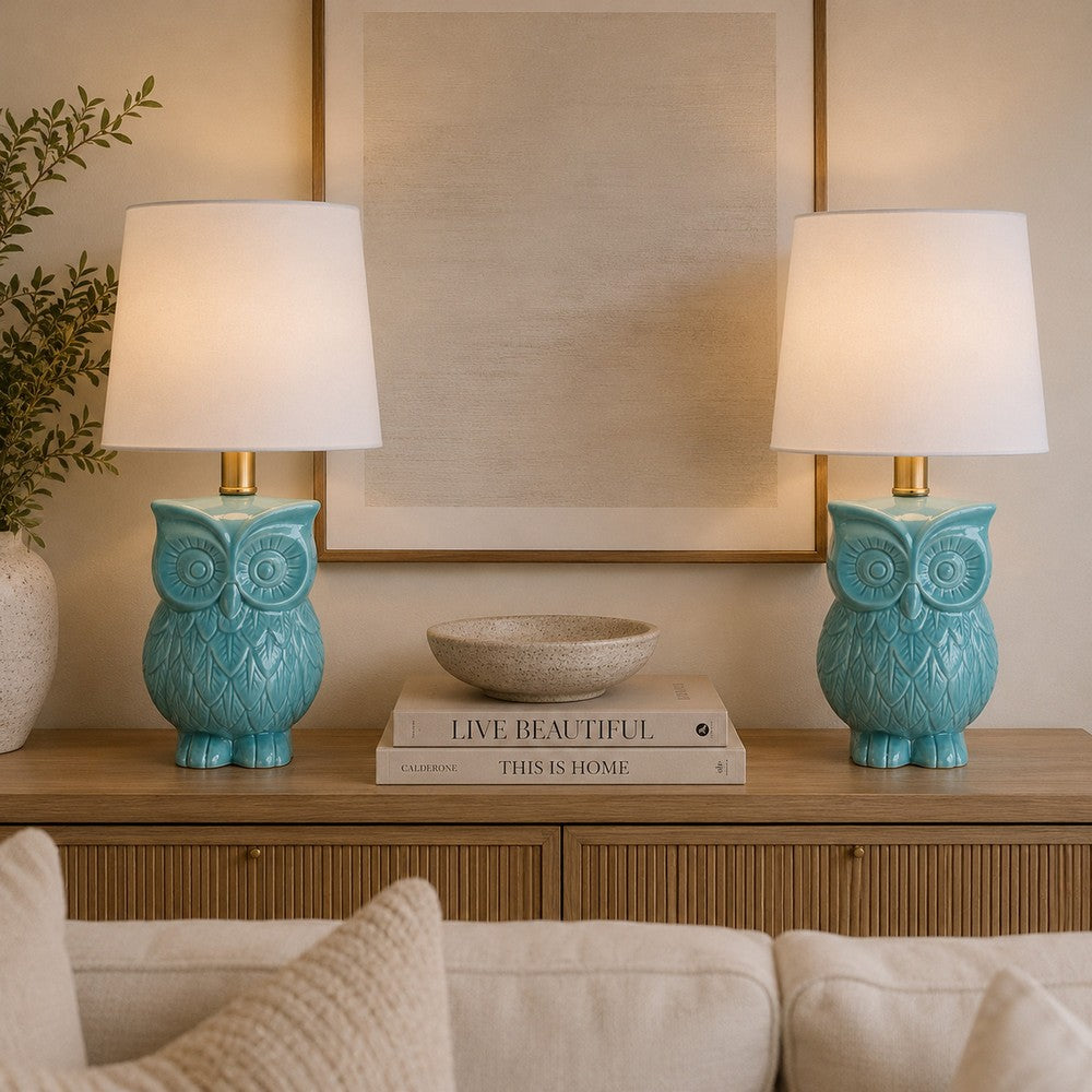 18 Inch Table Lamp with Owl Stand, Set of 2, Ceramic, Aqua Haze Finish By Casagear Home