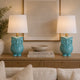 18 Inch Table Lamp with Owl Stand, Set of 2, Ceramic, Aqua Haze Finish By Casagear Home