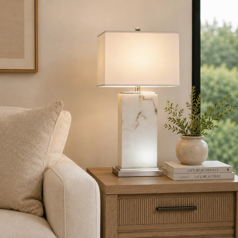 29 Inch Table Lamp, White Marble Stand, Rectangular Shade, Metal Base By Casagear Home