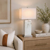 29 Inch Table Lamp, White Marble Stand, Rectangular Shade, Metal Base By Casagear Home