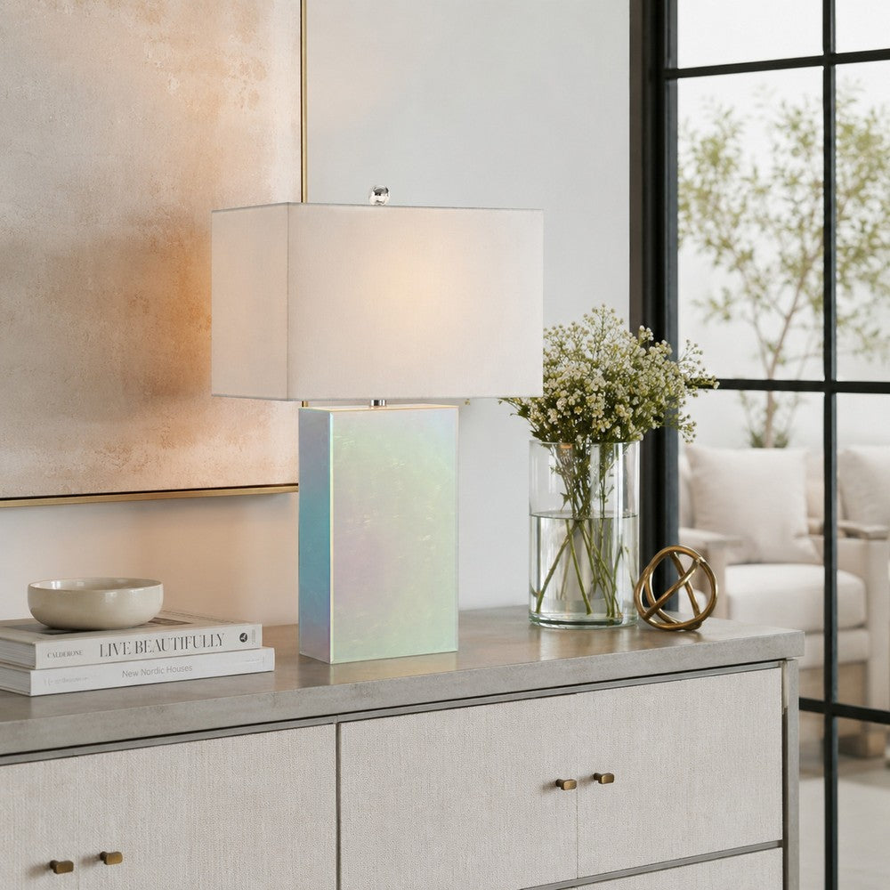 26 Inch Table Lamp, Rectangular Stand, Set of 2, Glass, Multitone White By Casagear Home