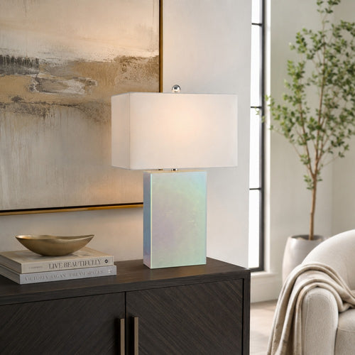 26 Inch Table Lamp, Rectangular Stand, Set of 2, Glass, Multitone White By Casagear Home