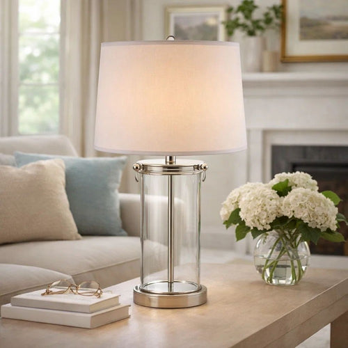 Axie 28 Inch Table Lamp, Glass Stand, Empire Shade, Metal, Nickel Finish By Casagear Home
