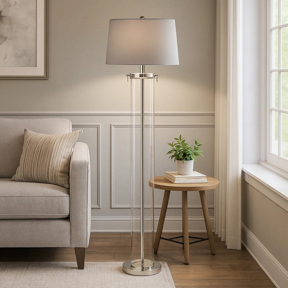 Axie 60 Inch Floor Lamp, Clear Glass Stand, Empire Shade, Metal, Nickel By Casagear Home