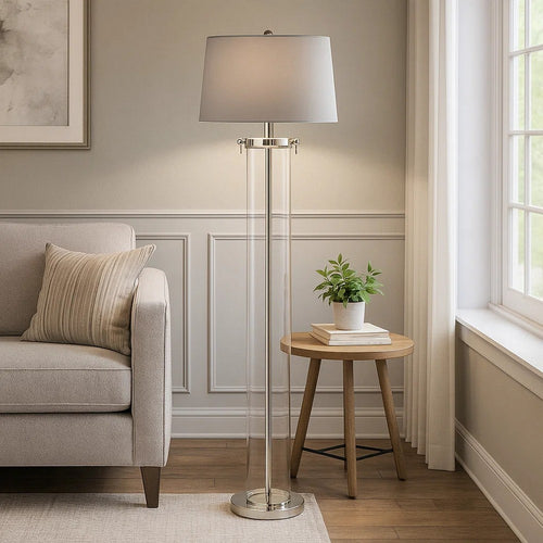 Axie 60 Inch Floor Lamp, Clear Glass Stand, Empire Shade, Metal, Nickel By Casagear Home