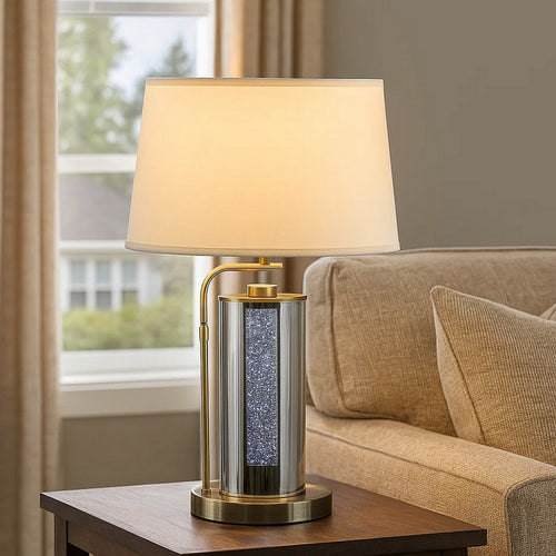 29 Inch Table Lamp with LED Night Light Stand, Glass, Antique Brass By Casagear Home