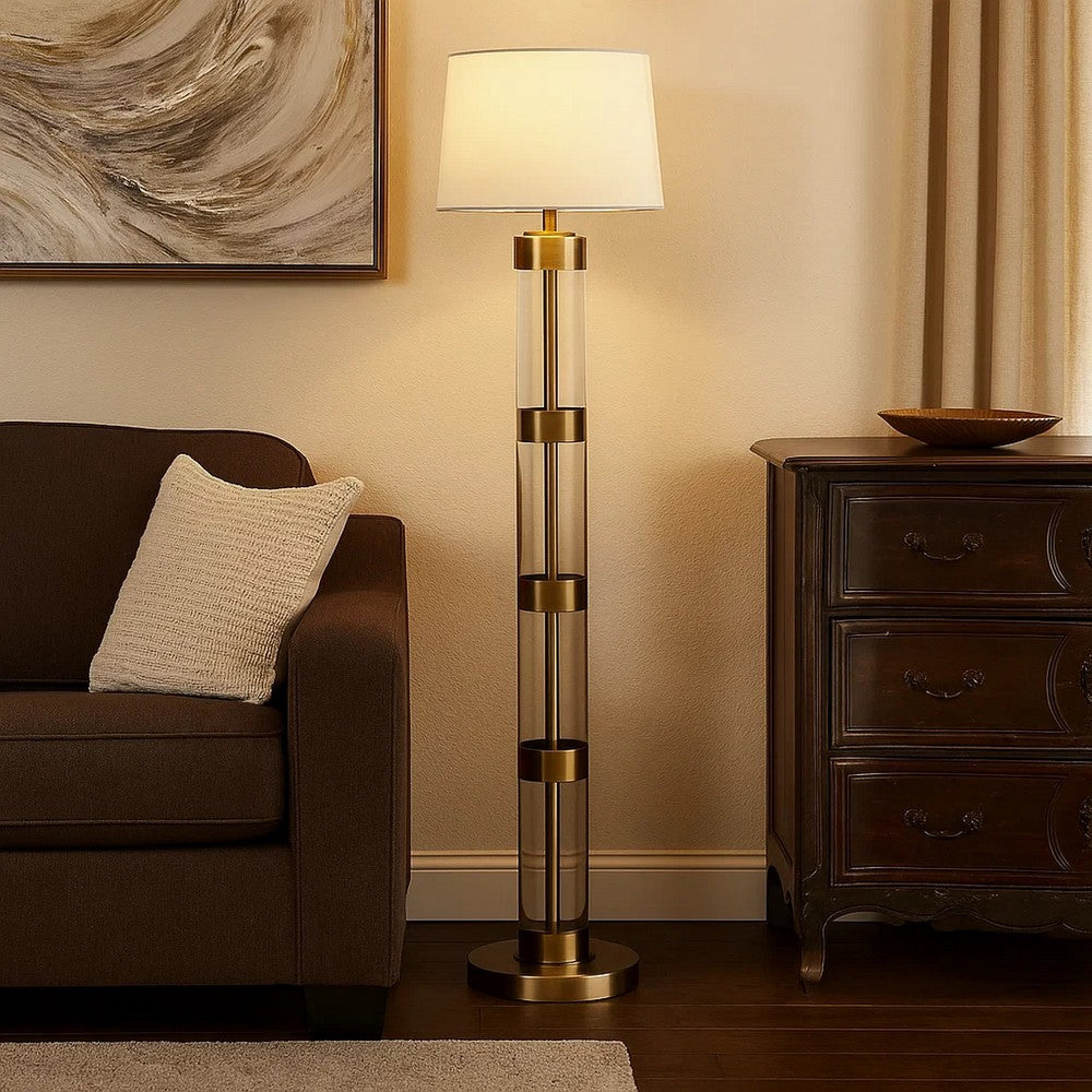 Kria 60 Inch Floor Lamp, Clear Glass Stand, Metal Bands, Antique Brass By Casagear Home
