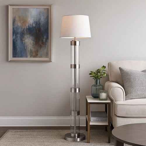 Kria 60 Inch Floor Lamp, Clear Glass Stand, Metal Bands, Satin Nickel By Casagear Home
