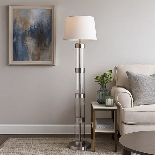 Kria 60 Inch Floor Lamp, Clear Glass Stand, Metal Bands, Satin Nickel By Casagear Home