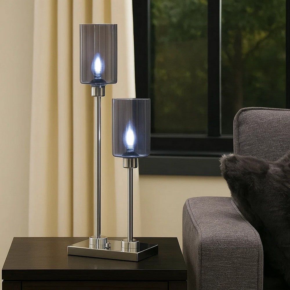 29 Inch Table Lamp with Dual Gray Shade, Glass and Metal, Nickel Finish By Casagear Home