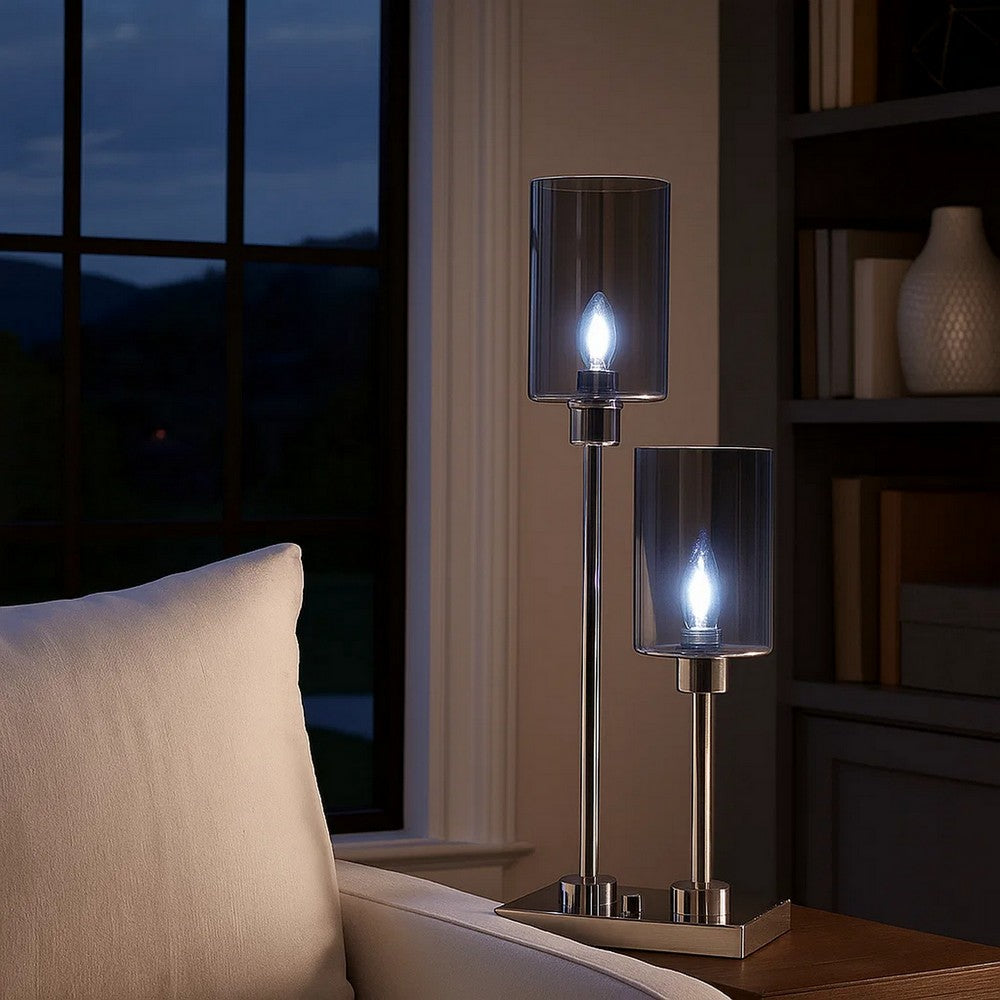 29 Inch Table Lamp with Dual Gray Shade, Glass and Metal, Nickel Finish By Casagear Home