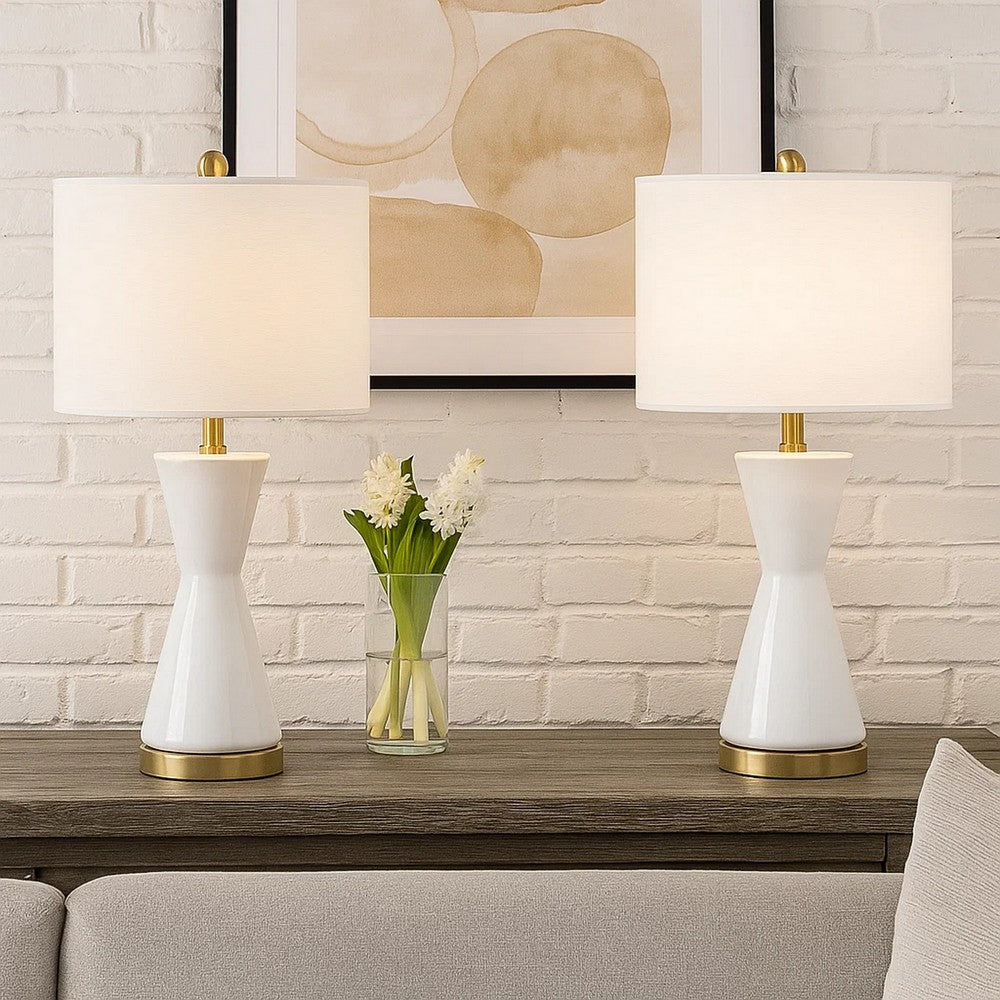 Elma 24 Inch Table Lamp Set of 2, Hourglass Stand, Gold Trim, Glass, White By Casagear Home