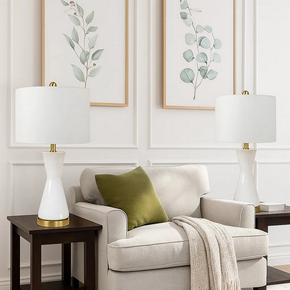 Elma 24 Inch Table Lamp Set of 2, Hourglass Stand, Gold Trim, Glass, White By Casagear Home