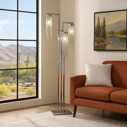 61 Inch Floor Lamp, 3 Crystal Cascade Style Shade, Chrome Finished Metal By Casagear Home