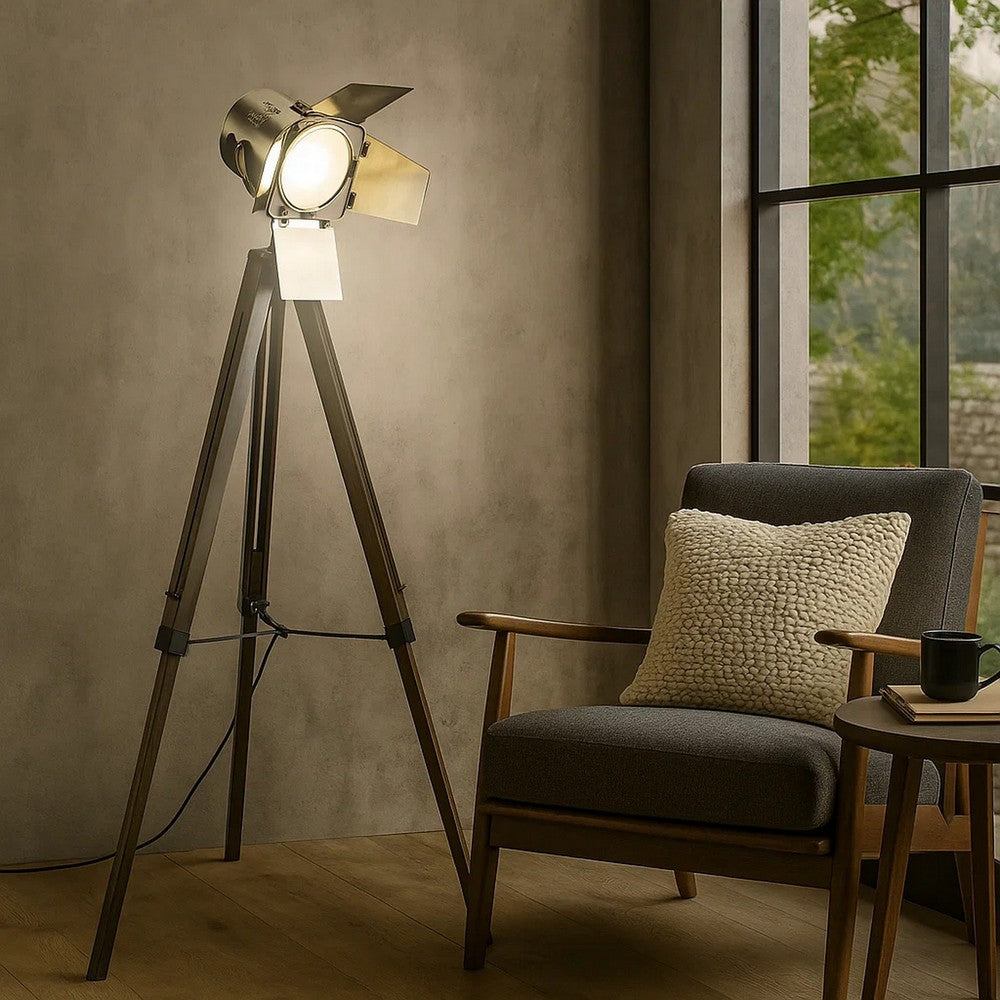55 Inch Floor Lamp with Tripod Legs, Spotlight Design, Wood, Black Finish By Casagear Home