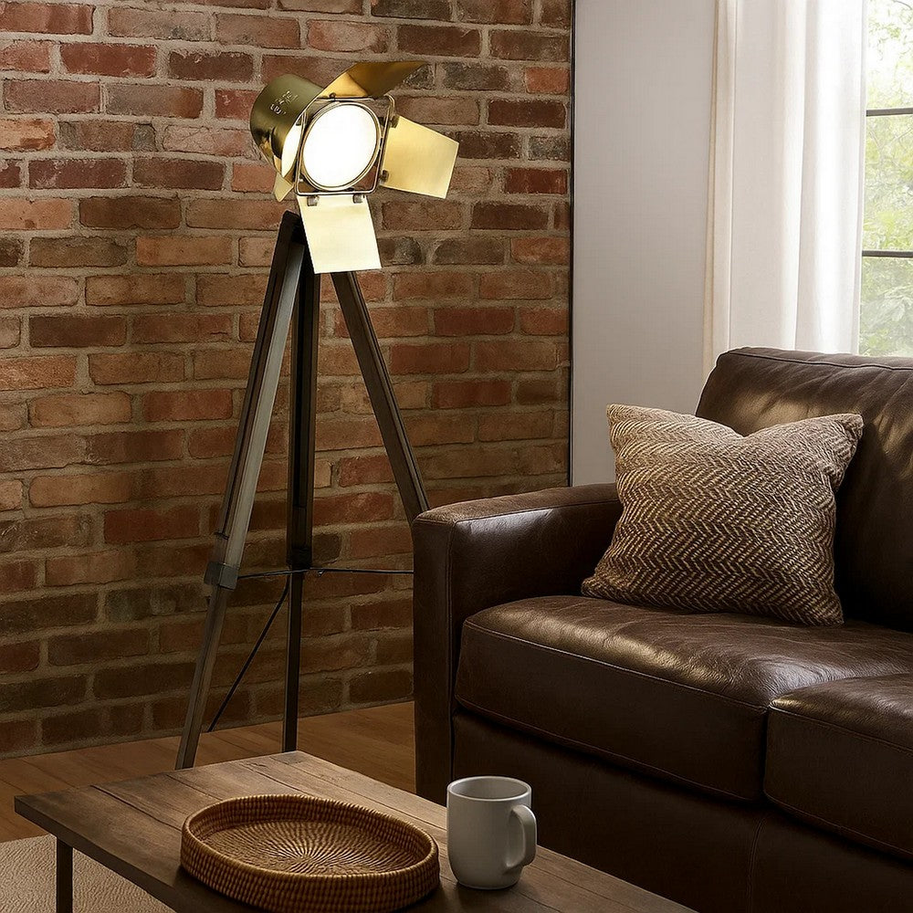 55 Inch Floor Lamp with Tripod Legs, Spotlight Design, Wood, Black Finish By Casagear Home